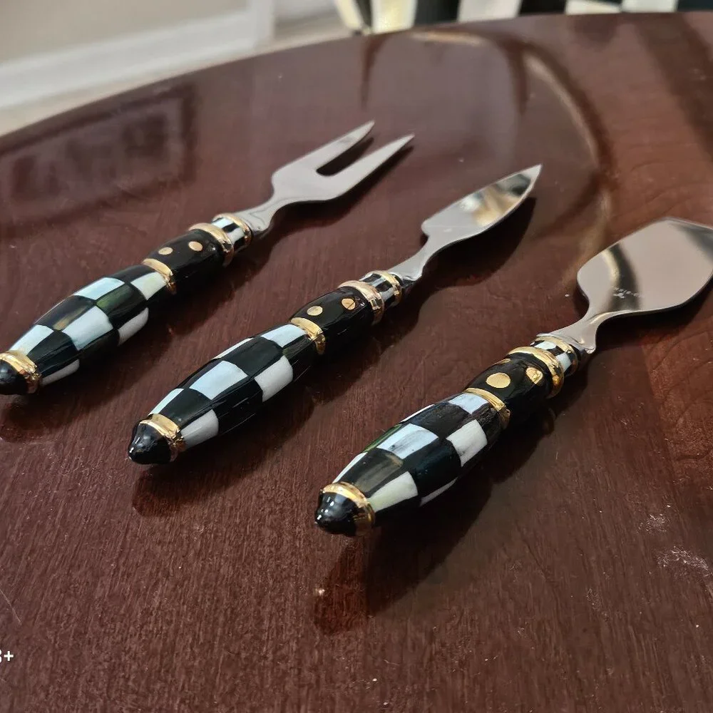 3 MACKENZIE CHILDS COURTNEY CHECK BLACK TIE CERAMIC CHEESE CHARCUTERIE KNIFE SET